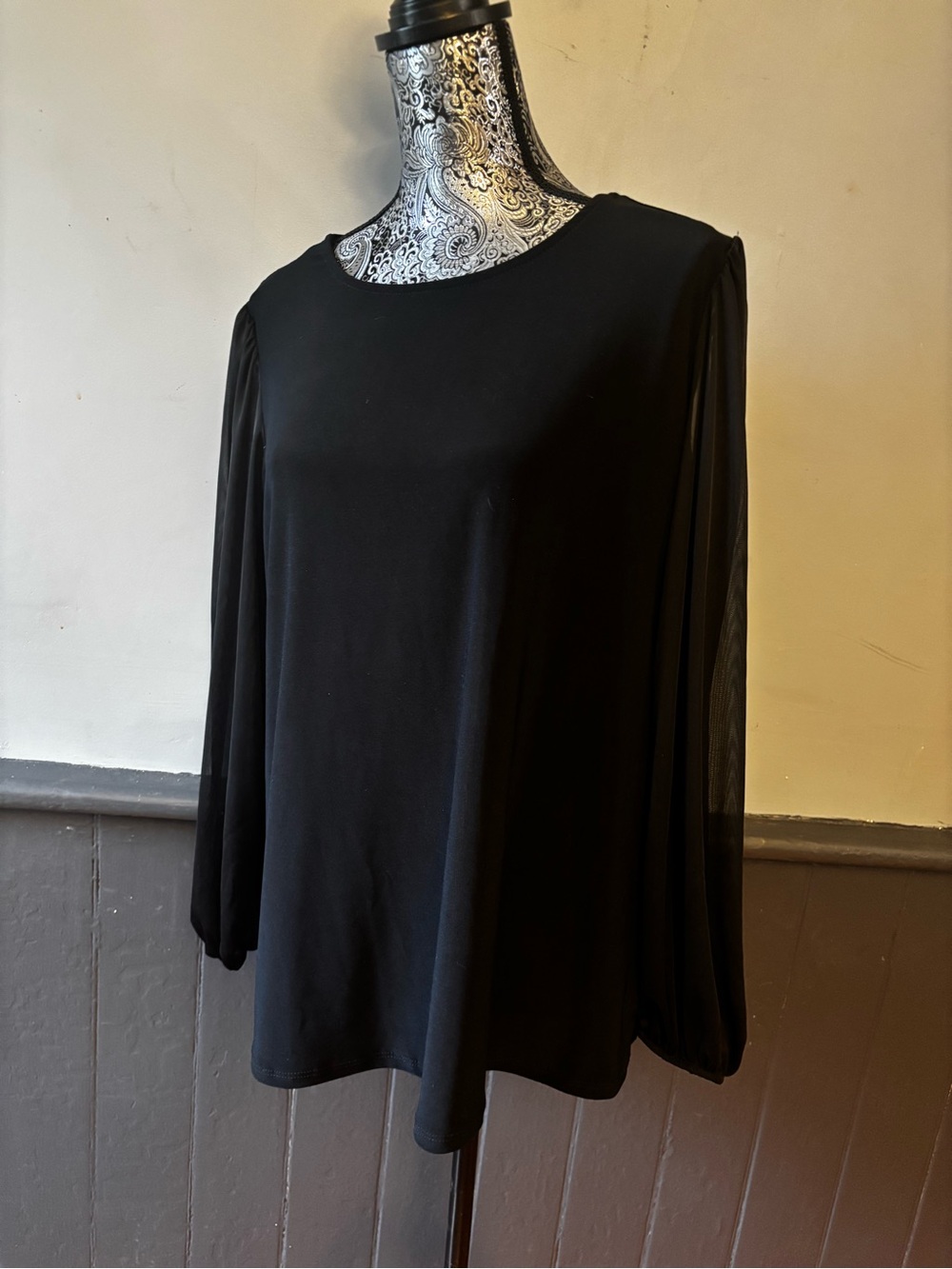 Nicole Miller Black Long-Sleeve Top with Sheer Sleeves